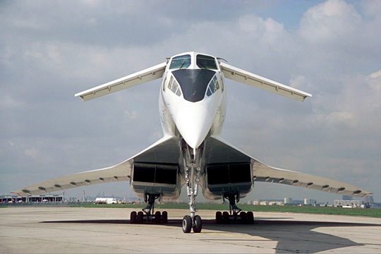 Tu-144 with the retractable canards deployed and droop-nose lowered