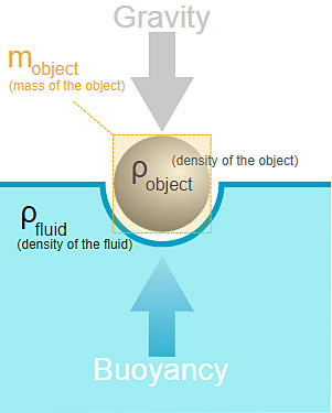 The forces at work in buoyancy. The object floats at rest because the upward force of buoyancy is equal to the downward force of gravity.