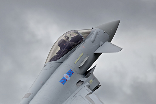 The control canard on an RAF Typhoon in flight