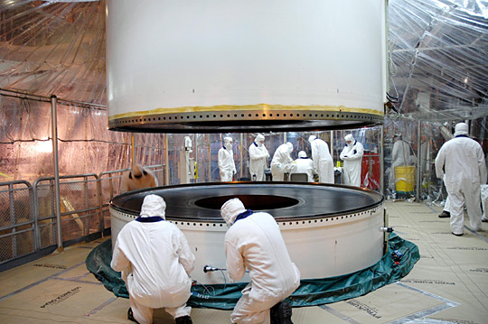 SRB sections filled with solid propellant being assembled