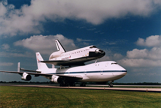 Space Shuttle Endeavour being transported by a Shuttle Carrier Aircraft