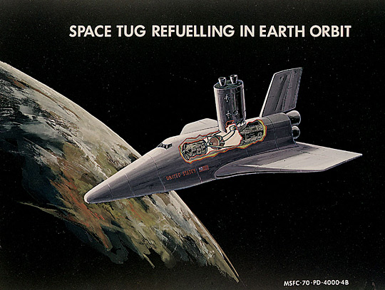 Early concept for a space shuttle refueling a space tug, 1970