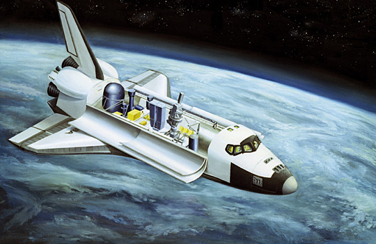 Vision for a Spacelab mission with various equipment in the Shuttle bay