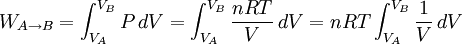 W_{A\to B}=\int_{V_A}^{V_B} P\,dV =\int_{V_A}^{V_B} \frac{nRT}{V}\,dV = nRT\int_{V_A}^{V_B} \frac{1}{V}\,dV 