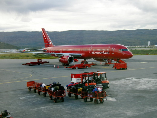 Air Greenland Boeing 757-200 at Kangerlussuaq Airport (2005), the aircraft was named Kunuunnguaq and registered OY-GRL. it was the first jet airliner in fleet. Sold in 2010