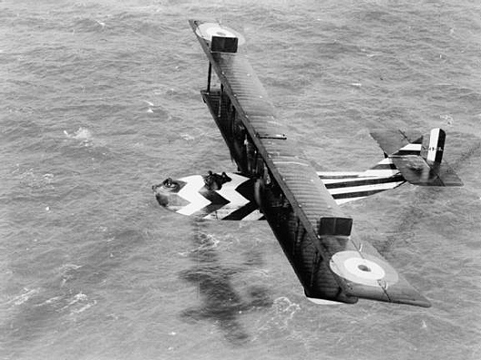 Felixstowe F.2B (N4545) in dazzle scheme during an anti-submarine patrol. The dazzle camouflage adopted aided identification during air combat and on the water in the event of being forced down.