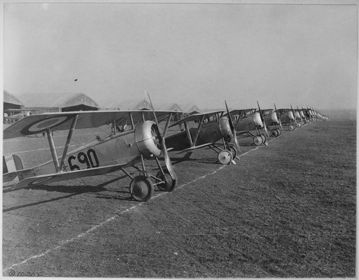 Lineup of Nieuport 17 trainers at Issoudun Aerodrome, France
