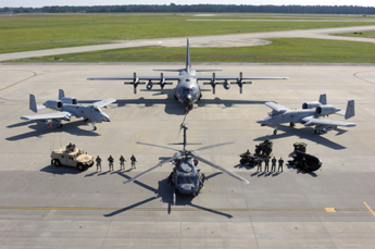 
Aircraft of Moody AFB. Shown are the HC-130P (top), A-10C Thunderbolt II(left and right), 820th SFG’s armored Humvee (bottom left), HH-60G (bottom center), and 822th/823rd SFS. The HC-130 and HH-60G are used by the 347th Rescue Group, the A-10Cs are used by the 23rd Fighter Group