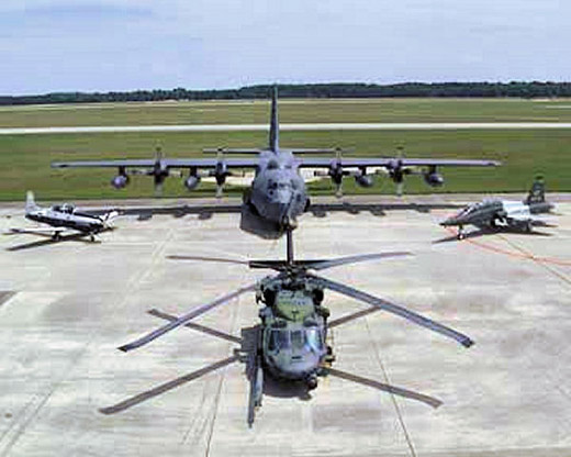 
Aircraft of the 347th Rescue Wing, about 2002. Shown are the HC-130P (top), T-6 Texan II (left), T-38C (right), and HH-60G (bottom). The HC-130 and HH-60G were used by the 347th Rescue Group, the T-6 and T-38 by the 479th Flying Training Group