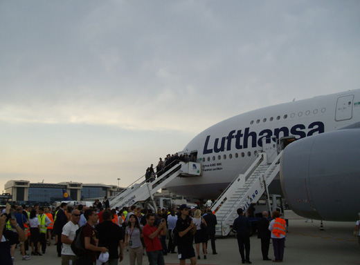 
Lufthansa's first A380 making a special visit, with the main terminal in the background
