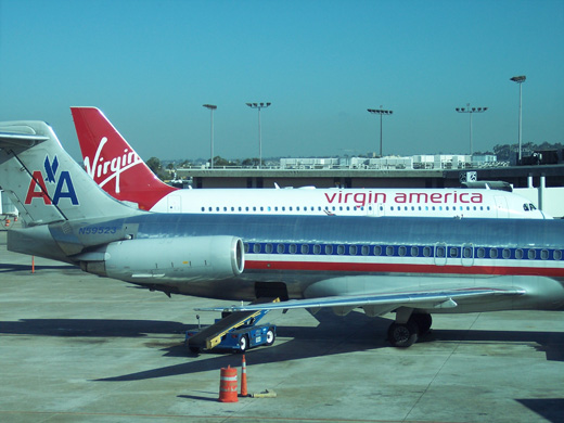 
An American Airlines MD80 and a Virgin America A319 at Terminal 2