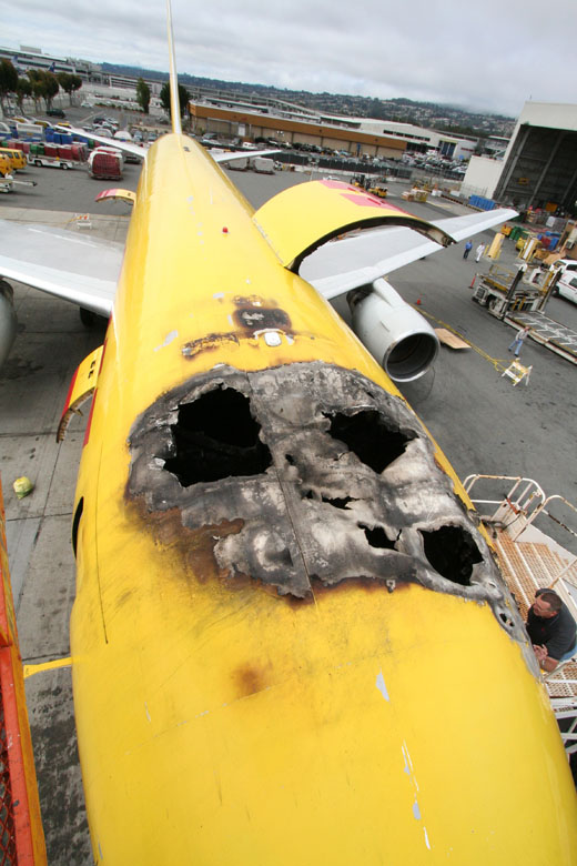 
A fire-damaged ABX Air Boeing 767 at SFO