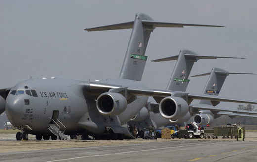 
August 31, 2005: C-17 Globemasters unload supplies at Keesler following Hurricane Katrina.