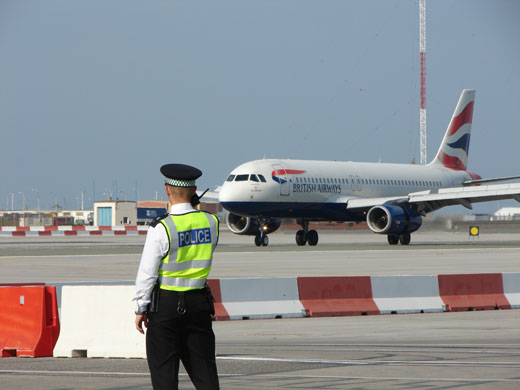
British Airways aircraft landing at Gibraltar Airport.