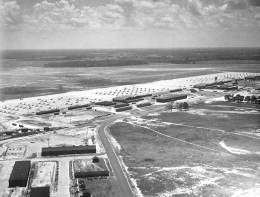 
Flightline area of Bainbridge AAF, 1944. Large numbers of Basic Training aircraft are parked on the ramp