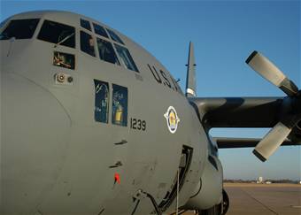 
The No. 2 ship of the C-130 Avionic Modernization Program from Edwards Air Force Base, Calif., visited Dyess November 27. The program will update the avionics on more than 400 C-130s. Part of the program includes new navigation system, a heads-up display, an all-digital cockpit, and other technology advances.