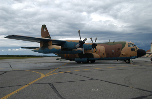 
A C-130 Hercules airplane from the Spanish Air Force parks on the flightline for their stay during Red Flag-Alaska 07-3 at Eielson Air Force Base.