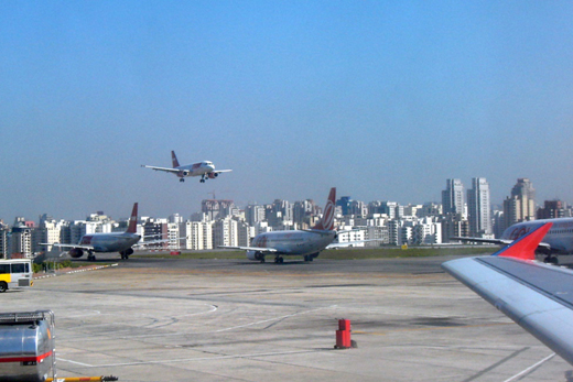 
Airplanes waiting in line for take off at the congested Congonhas Airport.