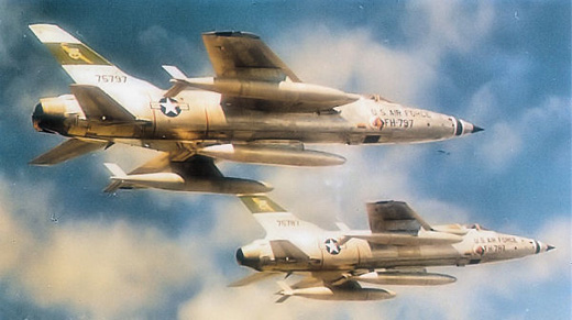 
Two Republic F-105B-15-RE Thunderchiefs (AF Serial No. 57-5797 and 57-5787) of the 335th Tactical Fighter Squadron.