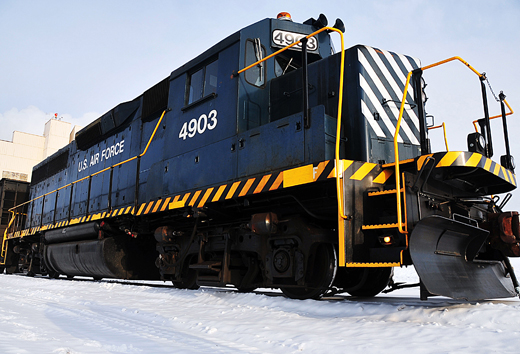 
A U.S. Air Force EMD GP40-2 locomotive sits outside Eielson AFB's central heat and power plant. The base owns two of these engines, both moving coal & rail traffic across the 11 mi (18 km) rail system, making it the second largest railroad in Alaska.
