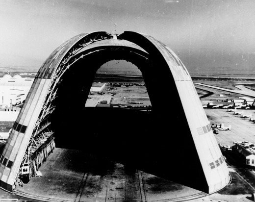 
View of Hangar One, the huge dirigible hangar, with doors open at both ends.