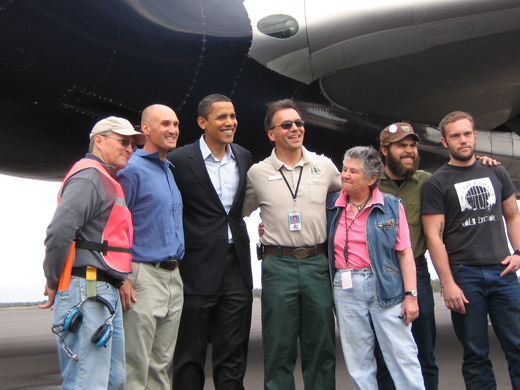 
Roberts Field manager Carrie Novick and USFS Redmond Air Center manager Dan Torrence, members of their staff, and Jamin and Jeshua Marshall meet Sen. Barack Obama during the 2008 presidential primary campaign