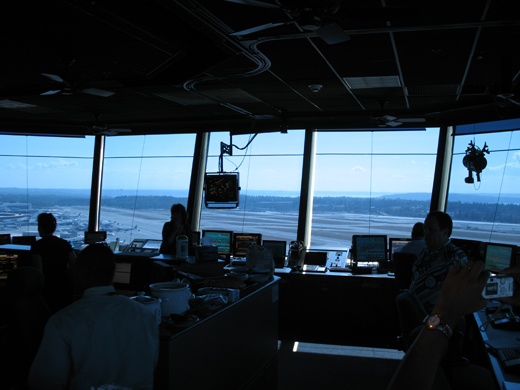 
The interior of Sea-Tac's control tower, commissioned in 2004, is 850ft (79m). Visible at center is a radar display; at top right is the tower's light gun.