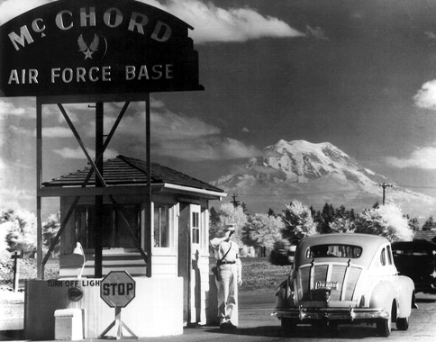 
McChord Main Gate in the late 1940s or early 1950s. Mt. Rainier in the background.