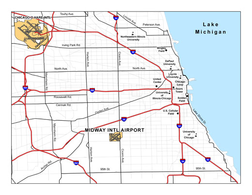 
The greater Chicago area, featuring Chicago Midway and O'Hare International Airports