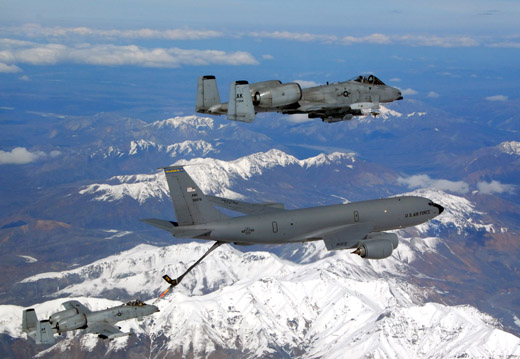 
An A-10 Thunderbolt II is refueled mid-air by a KC-135 Stratotanker from the Alaska Air National Guard's 168th Air Refueling Wing.