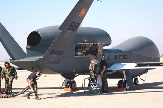
A maintenance crew prepares a Global Hawk for a test at Beale Air Force Base