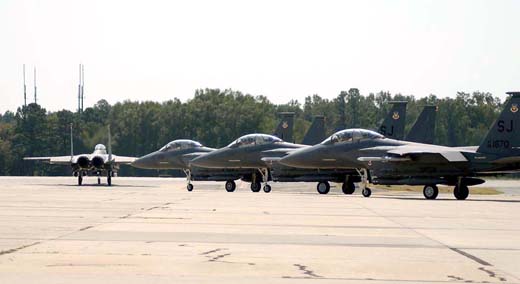 
4th FW F-15E's preparing to taxi at Seymour Johnson Air Force Base.