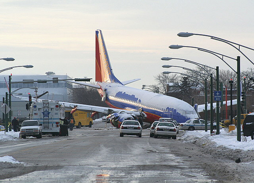 
Southwest Airlines Flight 1248, a Boeing 737-700, after it skidded off runway 31C on December 8, 2005.