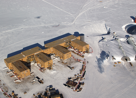 
An aerial view of the Amundsen-Scott Station in January 2005. The older domed station is visible on the right-hand side of this photo.