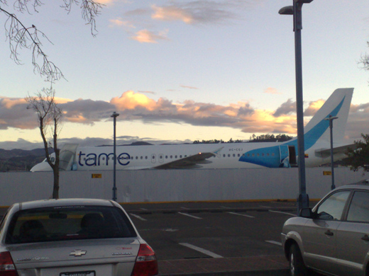 
A TAME Airbus A320 with the new colors parked in the Mariscal Lamar Airport in Cuenca, Ecuador