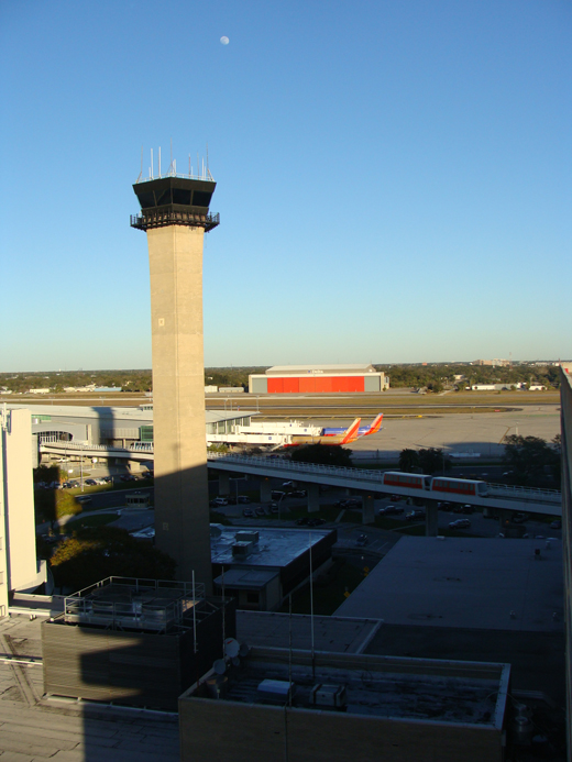 
The airport control tower as seen from the parking garage.