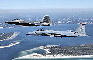 
F-15C and F-22A over Tyndall AFB, 2008