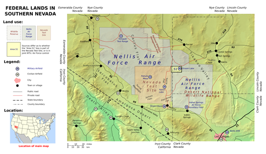
Map showing the locations of Nellis AFB and the NTTR