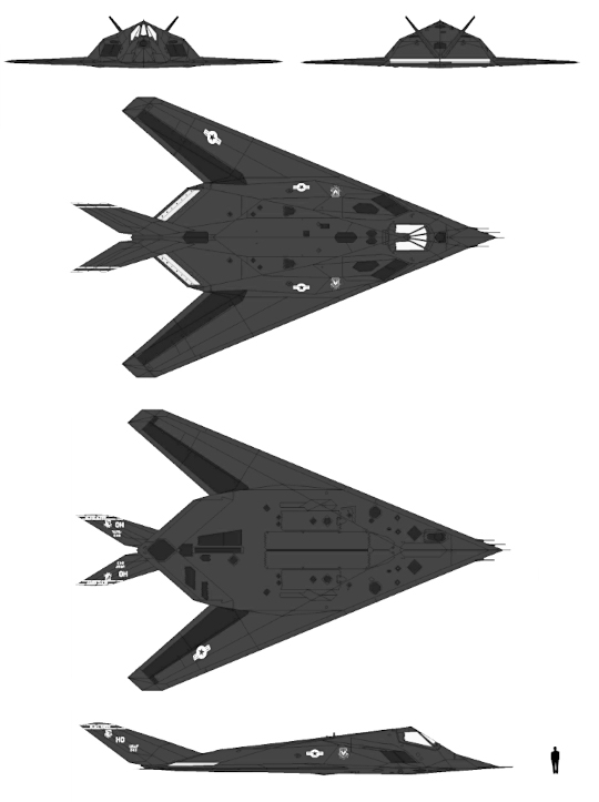 Schematic diagram and size comparison of Lockheed F-117A