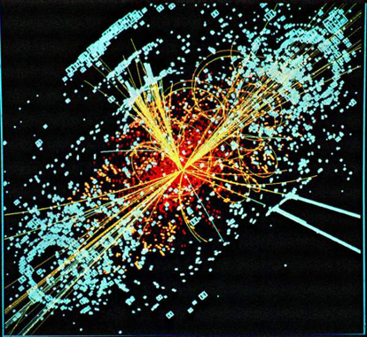 
A simulated event in the CMS detector of the Large Hadron Collider, featuring the appearance of the Higgs boson.
