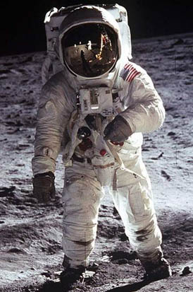 
Astronaut Buzz Aldrin in a space suit on the 1969 Apollo 11 moonwalk