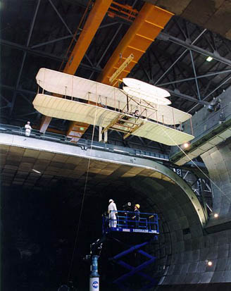 
The AIAA's Flyer reproduction undergoing testing in a NASA wind tunnel.