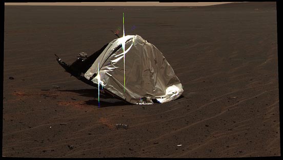 
Discarded heat shield of the Opportunity rover on Mars. It has been inverted by its impact with the ground.