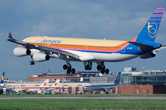 
An airliner landing at London Heathrow Airport (Air Jamaica Airbus A340-300)