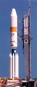 
A two-stage Delta III with nine solid rocket boosters attached.