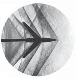 
Schlieren photograph of an attached shock on a sharp-nosed supersonic body.