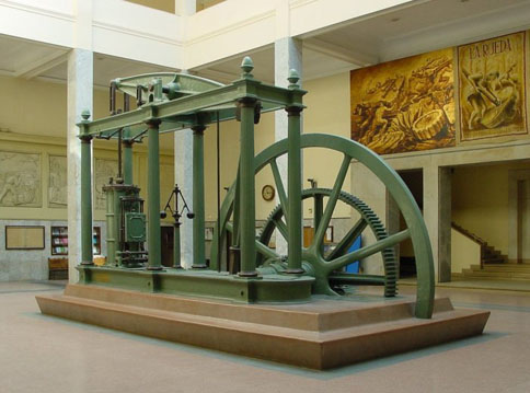 
The Watt steam engine, a major driver in the industrial revolution, underscores the importance of engineering in modern history. This model is on display at the main building of the ETSIIM in Madrid, Spain