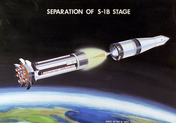 
An artist's conception of the separation of the S1-B stage of a Saturn IB rocket