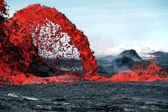 
This parabola-shaped lava flow illustrates Galileo's law of falling bodies as well as blackbody radiation – the temperature is discernible from the color of the blackbody.