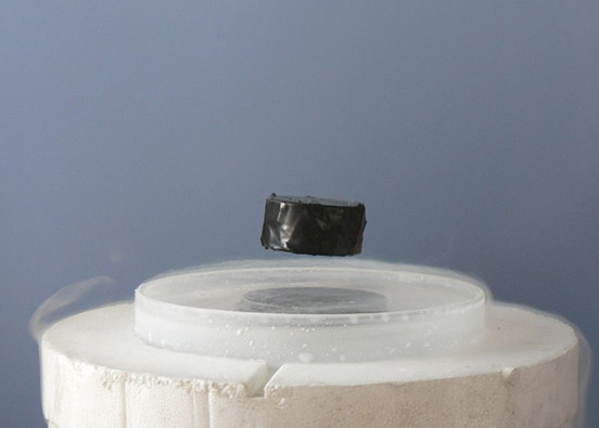 
A typical event of the science of physics: a magnet levitating above a superconductor demonstrates the Meissner effect.